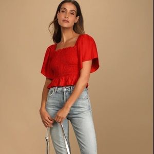 NWT Lulus Top Red Smocked Flutter Sleeve